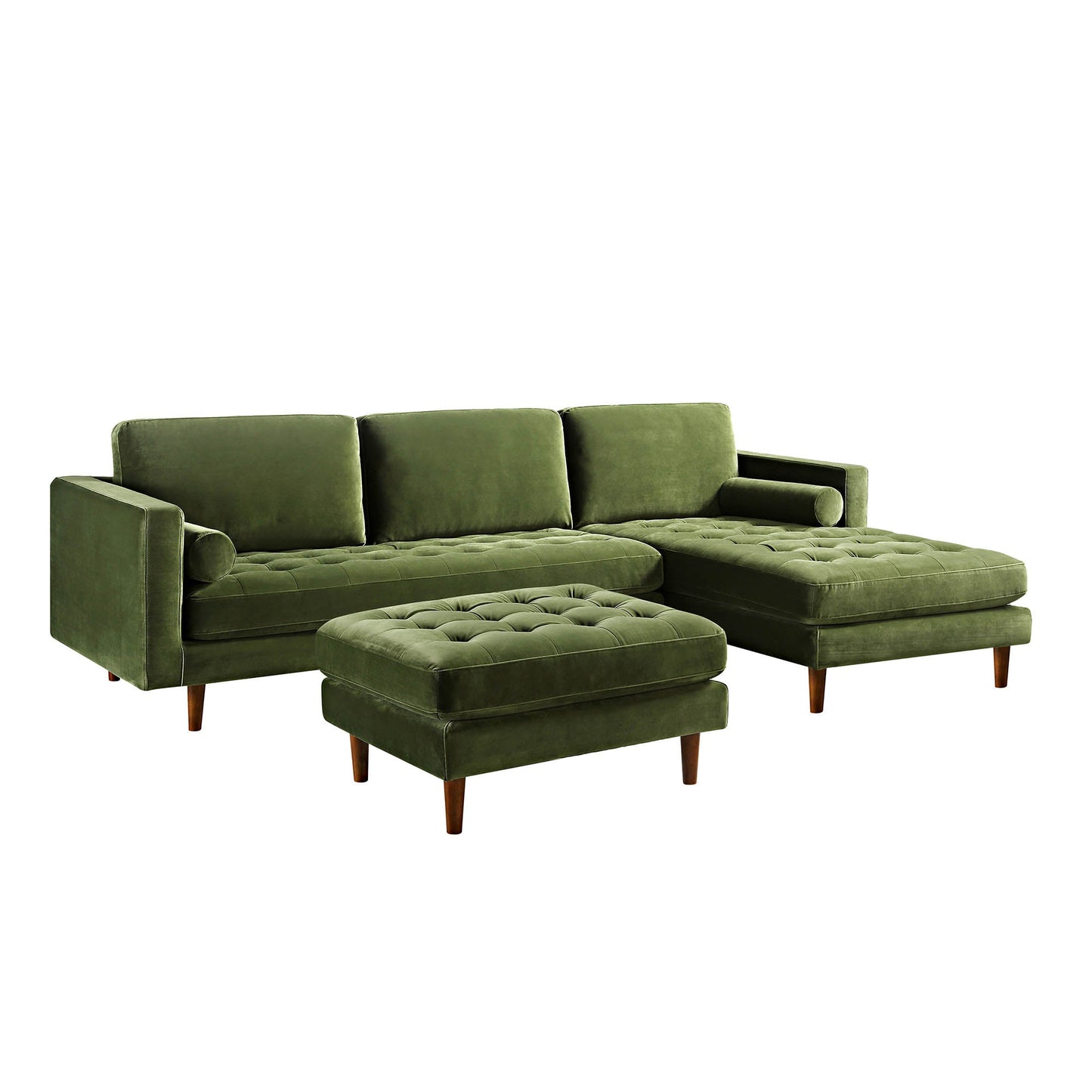 Grand canapé méridienne 4 places en velours vert Henrietta Moss, orienté à droite