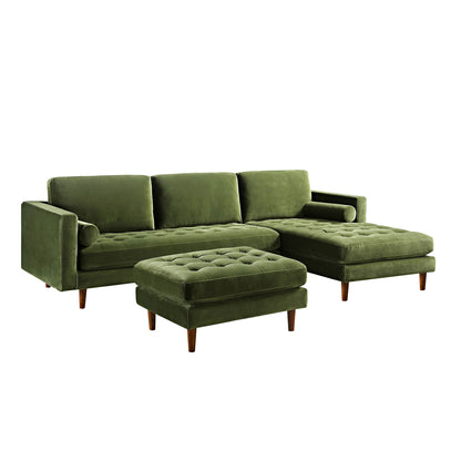 Grand canapé méridienne 4 places en velours vert Henrietta Moss, orienté à droite