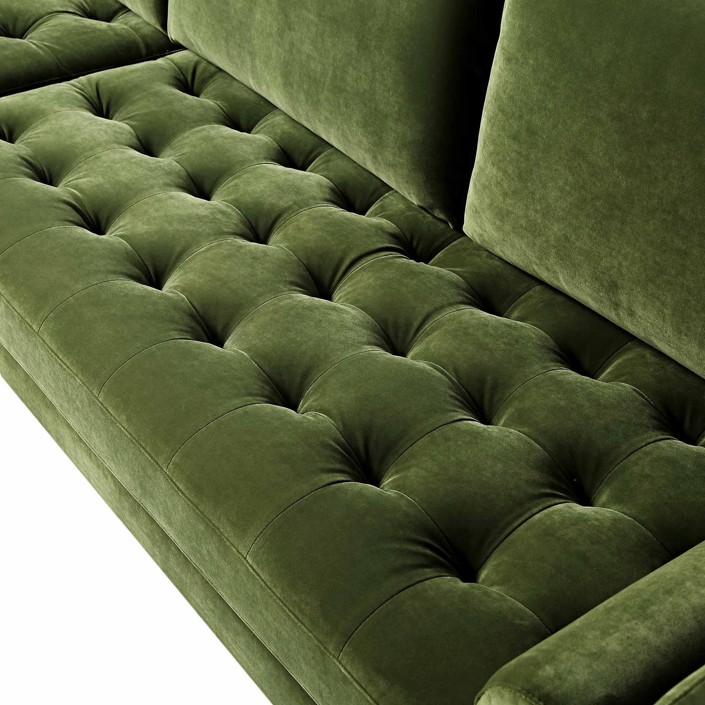 Grand canapé méridienne 4 places en velours vert Henrietta Moss, orienté à droite