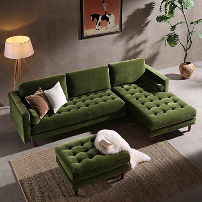 Grand canapé méridienne 4 places en velours vert Henrietta Moss, orienté à droite