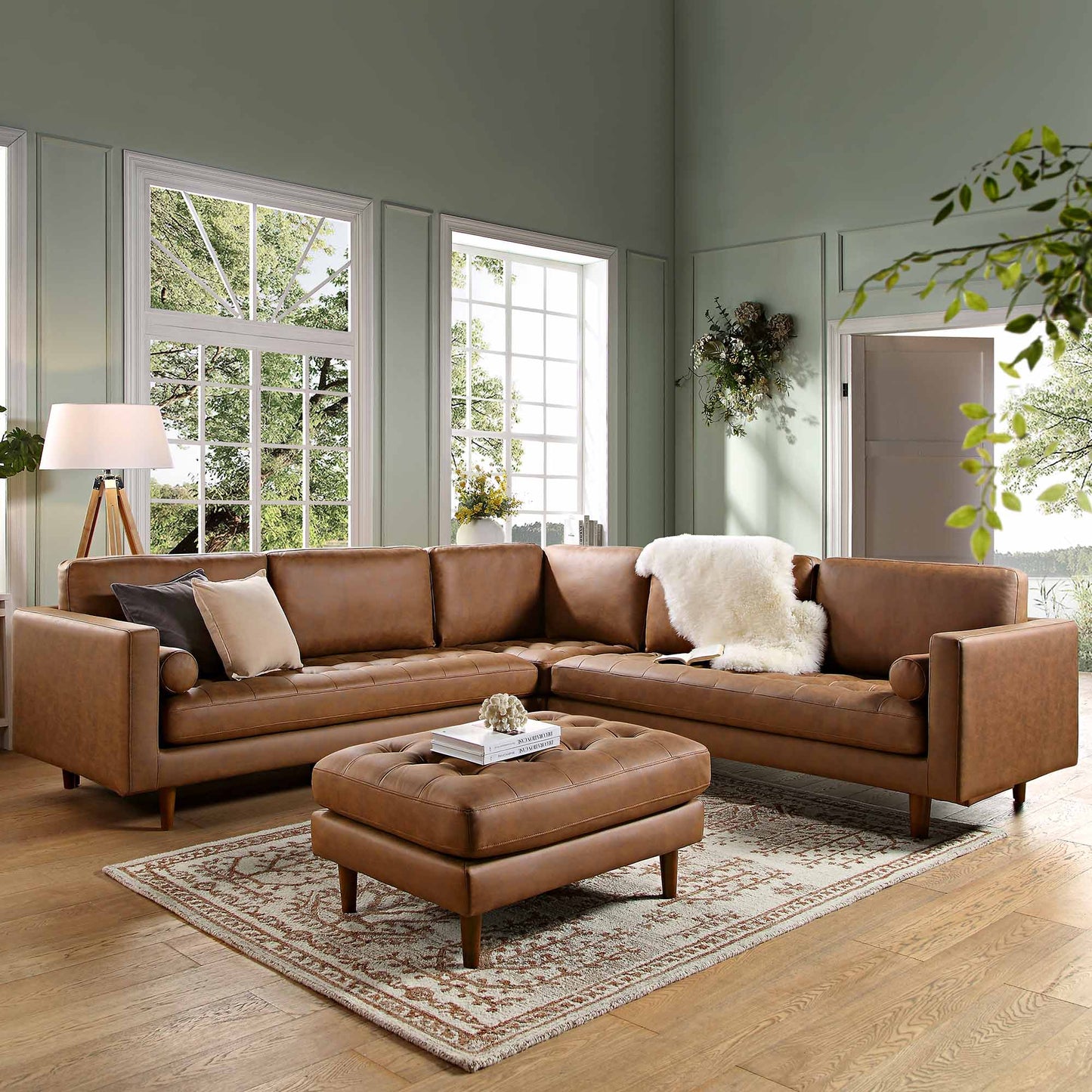 Canapé d'angle 5 places Henrietta, imitation daim beige