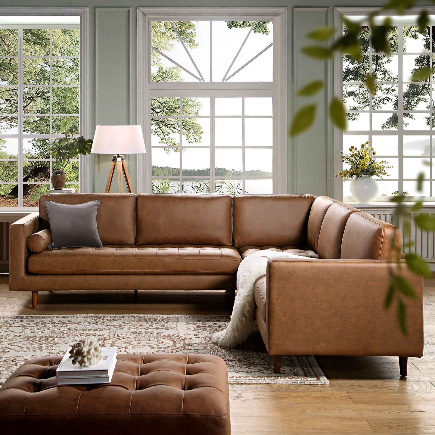 Canapé d'angle 5 places Henrietta, imitation daim beige
