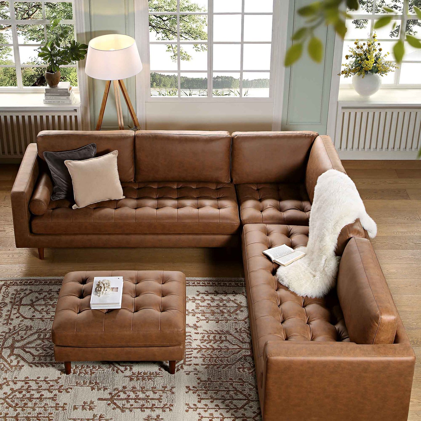 Canapé d'angle 5 places Henrietta, imitation daim beige