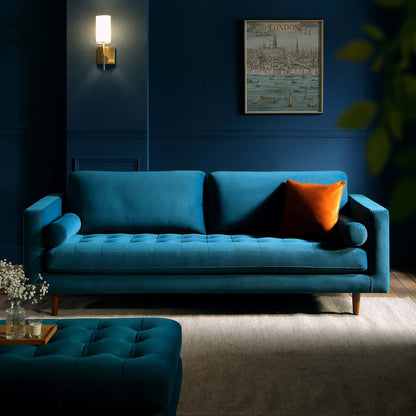 Grand canapé 3 places Henrietta, velours bleu sarcelle