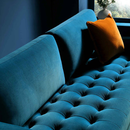 Grand canapé 3 places Henrietta, velours bleu sarcelle