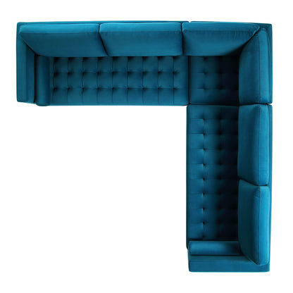 Canapé d'angle 5 places Henrietta, velours bleu sarcelle