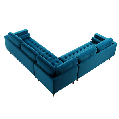 Canapé d'angle 5 places Henrietta, velours bleu sarcelle