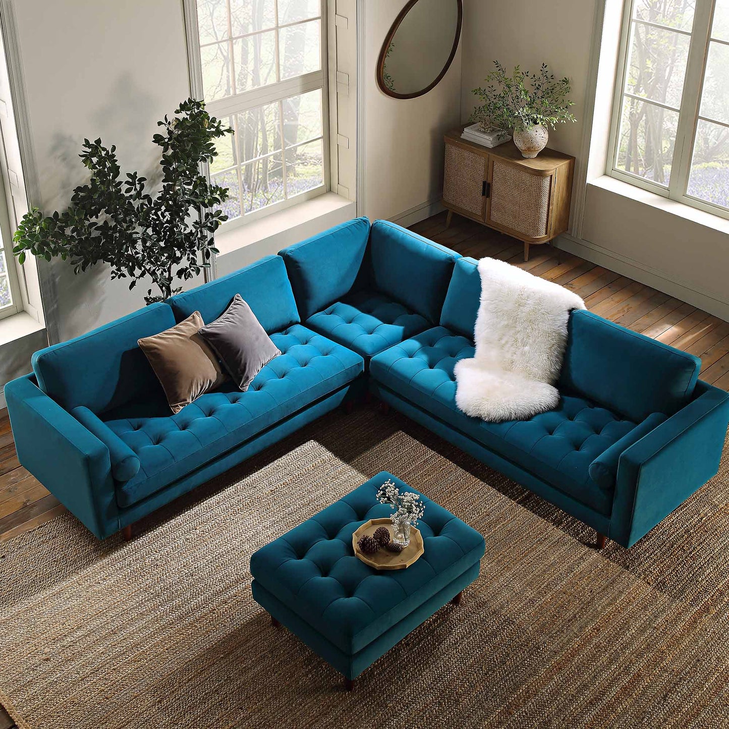 Canapé d'angle 5 places Henrietta, velours bleu sarcelle