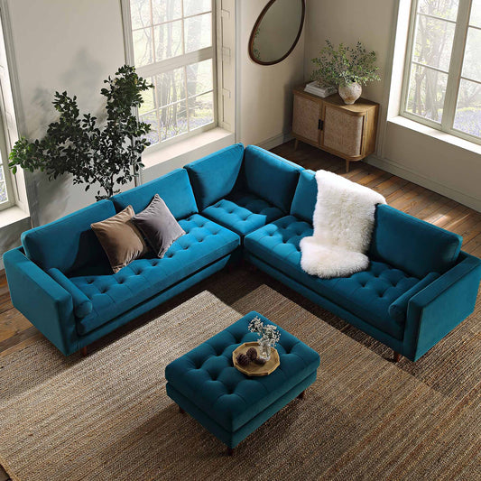 Canapé d'angle 5 places Henrietta, velours bleu sarcelle