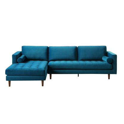 Grand canapé méridienne 4 places Henrietta en velours bleu sarcelle, orienté à gauche