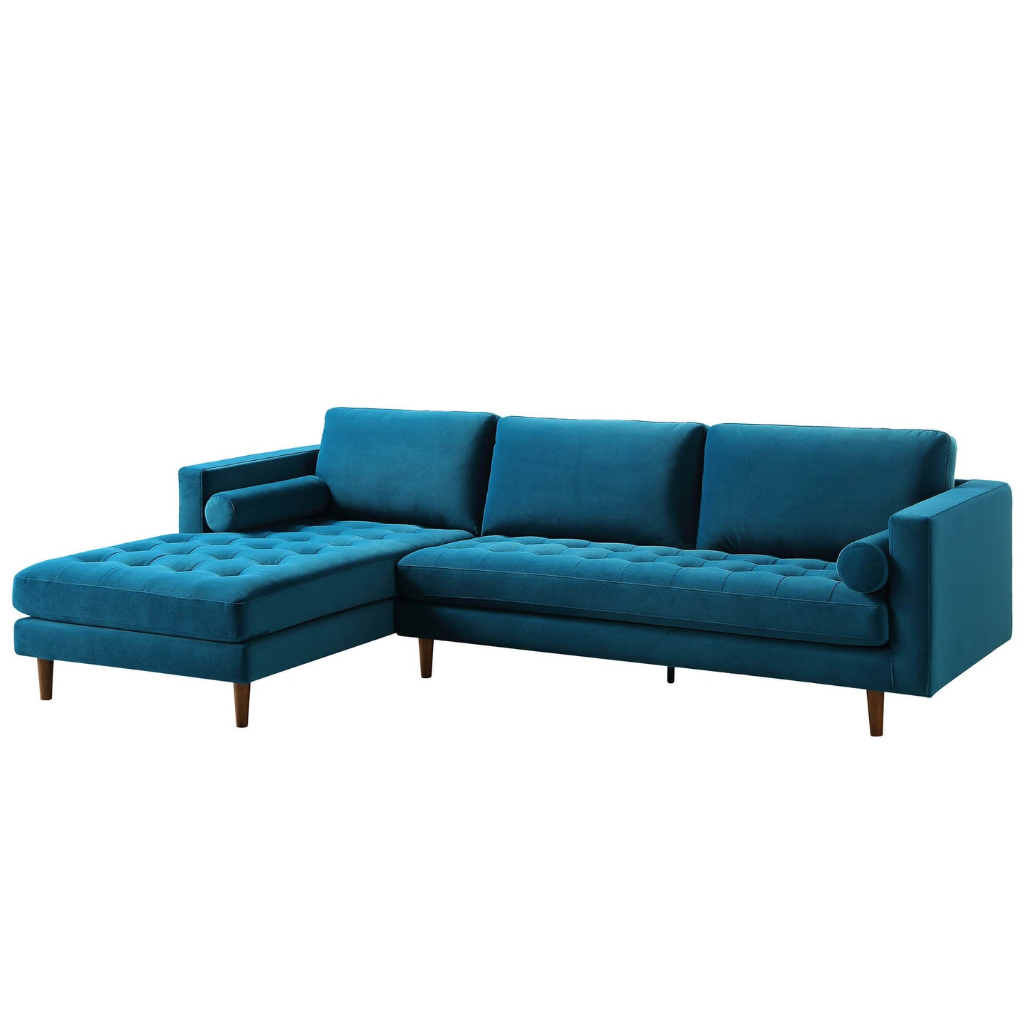 Grand canapé méridienne 4 places Henrietta en velours bleu sarcelle, orienté à gauche
