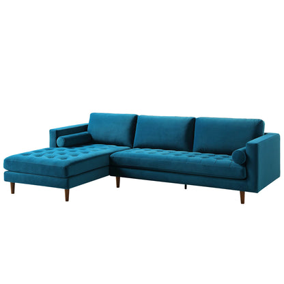 Grand canapé méridienne 4 places Henrietta en velours bleu sarcelle, orienté à gauche