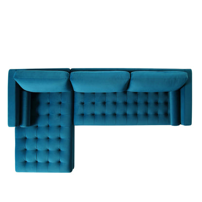 Grand canapé méridienne 4 places Henrietta en velours bleu sarcelle, orienté à gauche