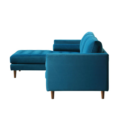 Grand canapé méridienne 4 places Henrietta en velours bleu sarcelle, orienté à gauche