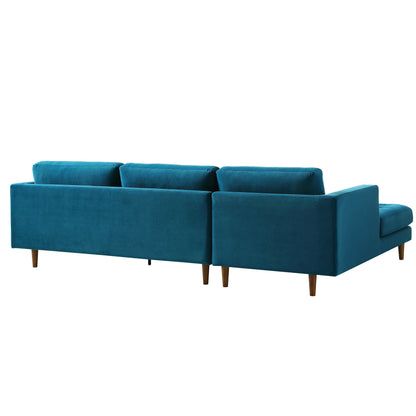 Grand canapé méridienne 4 places Henrietta en velours bleu sarcelle, orienté à gauche