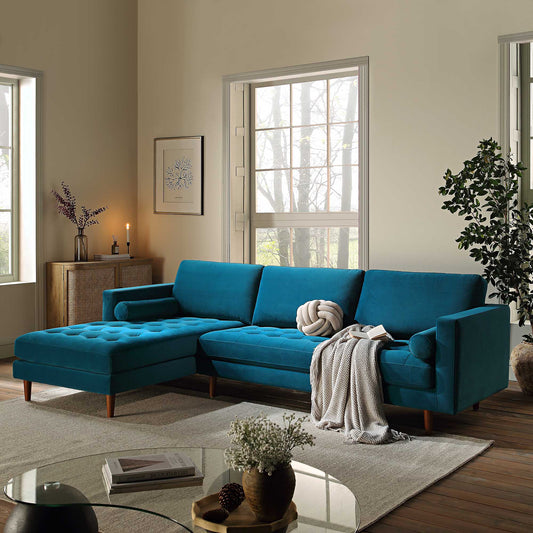 Grand canapé méridienne 4 places Henrietta en velours bleu sarcelle, orienté à gauche