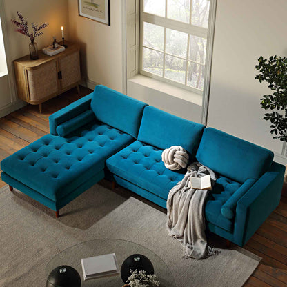 Grand canapé méridienne 4 places Henrietta en velours bleu sarcelle, orienté à gauche