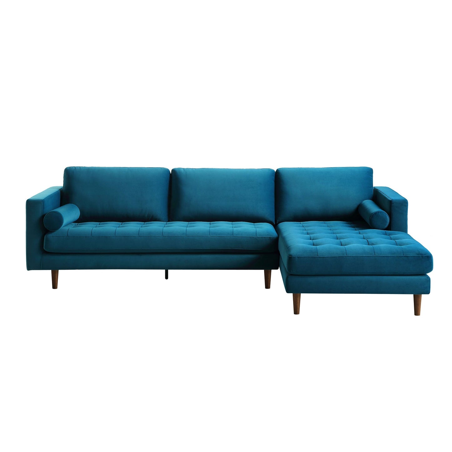 Grand canapé méridienne 4 places Henrietta en velours bleu sarcelle, orienté à droite