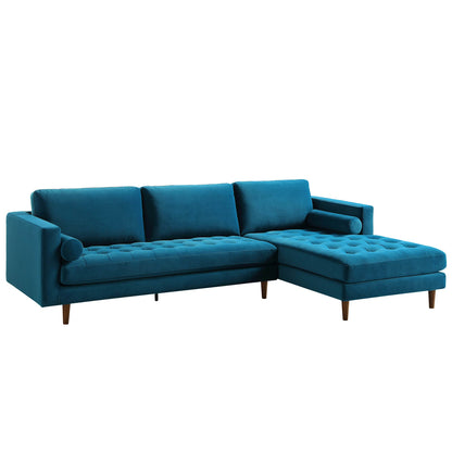 Grand canapé méridienne 4 places Henrietta en velours bleu sarcelle, orienté à droite