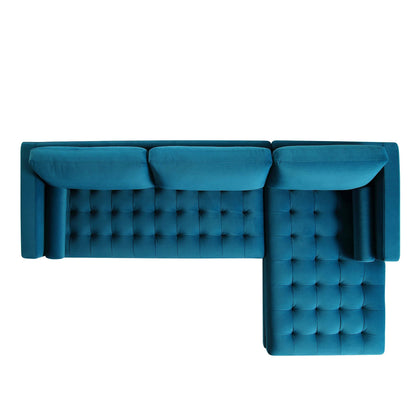 Grand canapé méridienne 4 places Henrietta en velours bleu sarcelle, orienté à droite