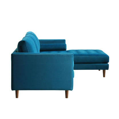 Grand canapé méridienne 4 places Henrietta en velours bleu sarcelle, orienté à droite