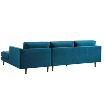 Grand canapé méridienne 4 places Henrietta en velours bleu sarcelle, orienté à droite