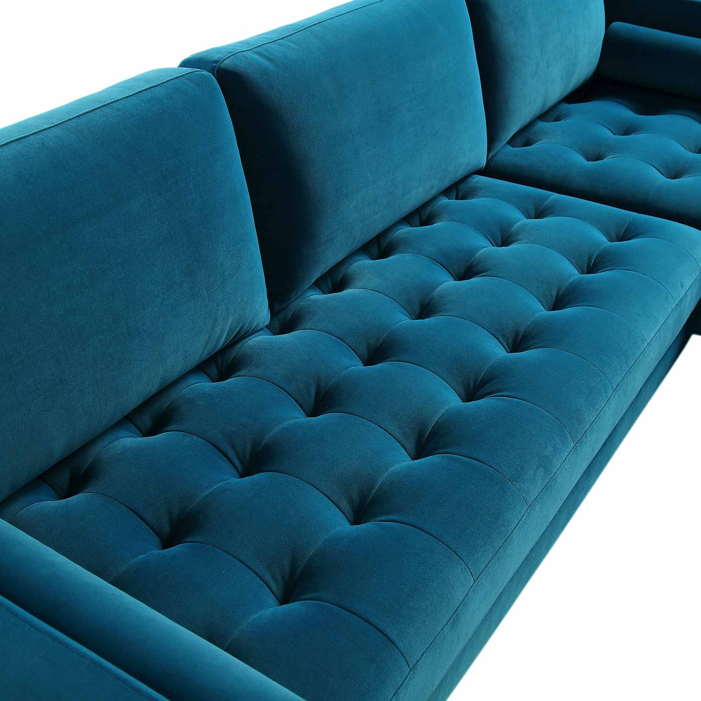 Grand canapé méridienne 4 places Henrietta en velours bleu sarcelle, orienté à droite