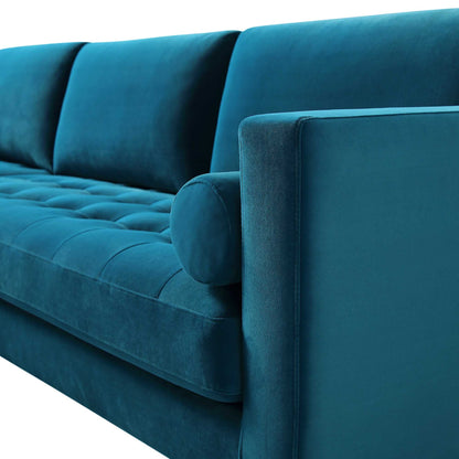 Grand canapé méridienne 4 places Henrietta en velours bleu sarcelle, orienté à droite
