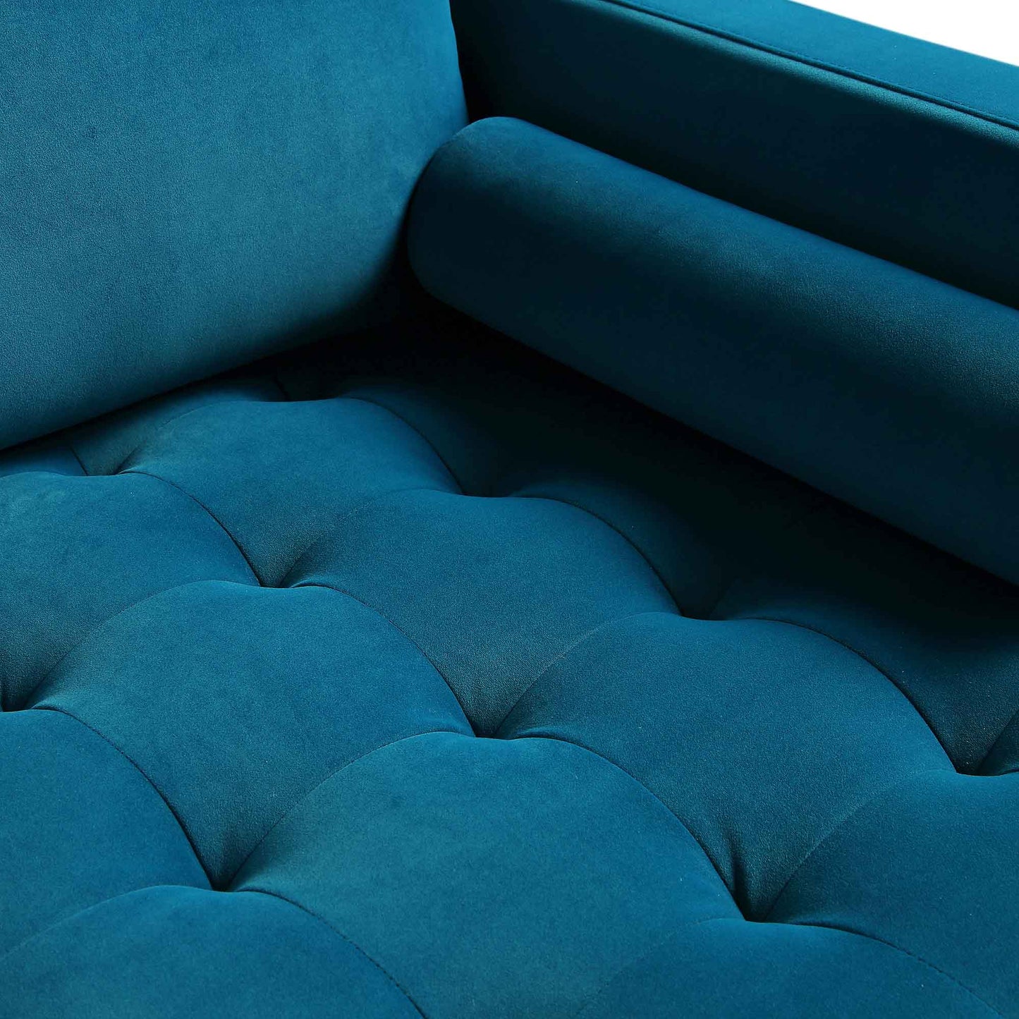 Grand canapé méridienne 4 places Henrietta en velours bleu sarcelle, orienté à droite