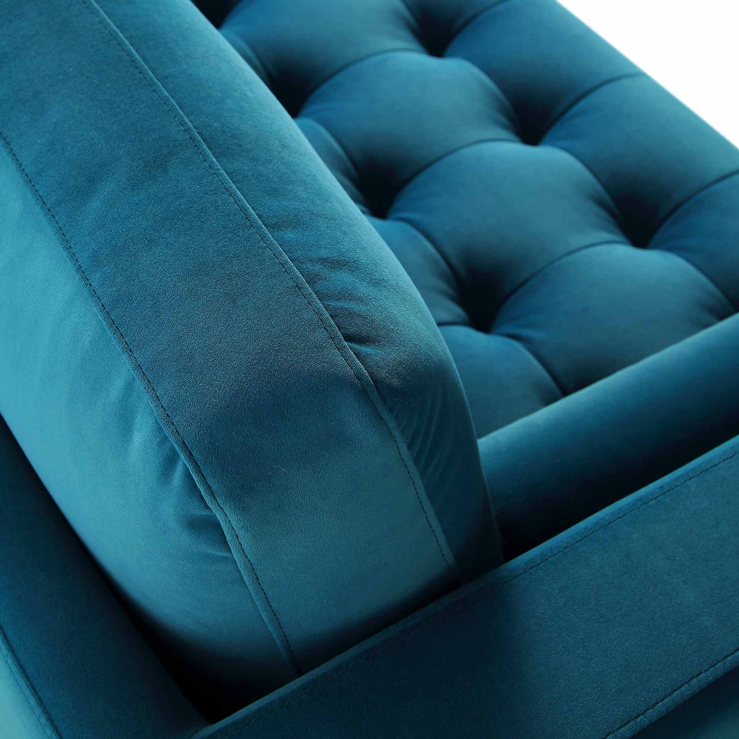 Grand canapé méridienne 4 places Henrietta en velours bleu sarcelle, orienté à droite