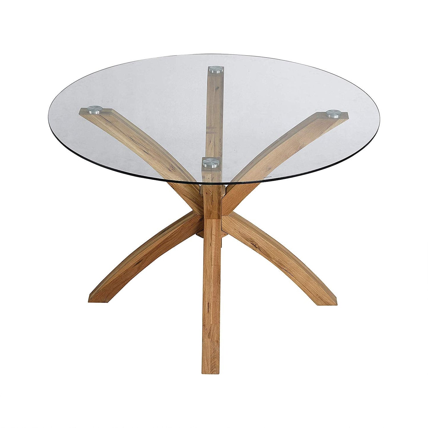 Table à manger ronde Lugano avec plateau en verre et pieds en chêne massif