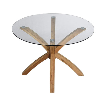 Table à manger ronde Lugano avec plateau en verre et pieds en chêne massif