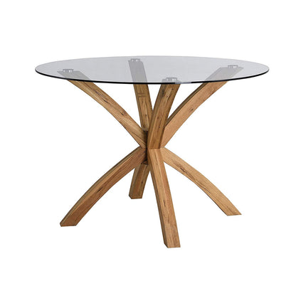 Table à manger ronde Lugano avec plateau en verre et pieds en chêne massif