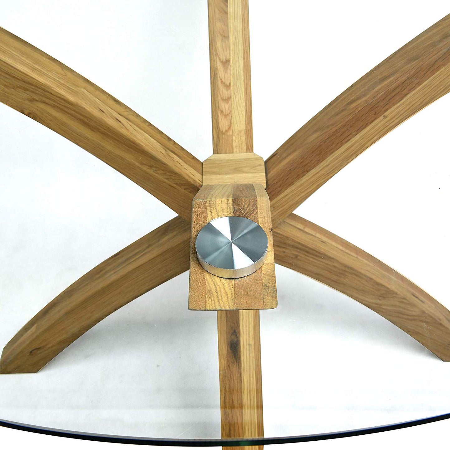 Table à manger ronde Lugano avec plateau en verre et pieds en chêne massif