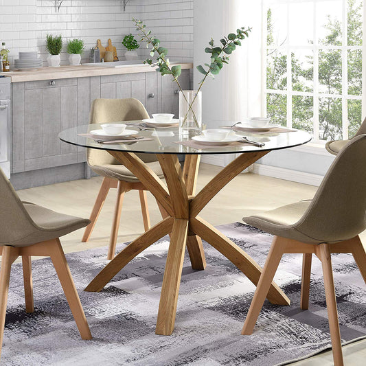 Table à manger ronde Lugano avec plateau en verre et pieds en chêne massif