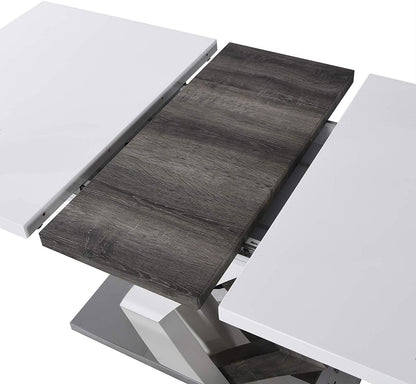 Table à manger extensible BASEL blanc brillant de 6 à 8 places avec base en acier inoxydable