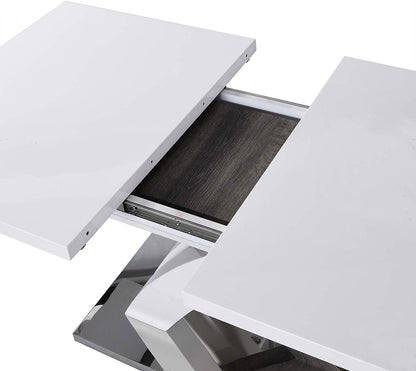 Table à manger extensible BASEL blanc brillant de 6 à 8 places avec base en acier inoxydable