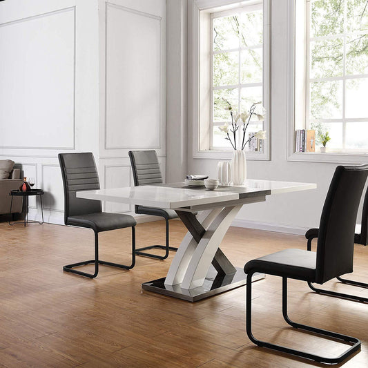 Table à manger extensible BASEL blanc brillant de 6 à 8 places avec base en acier inoxydable