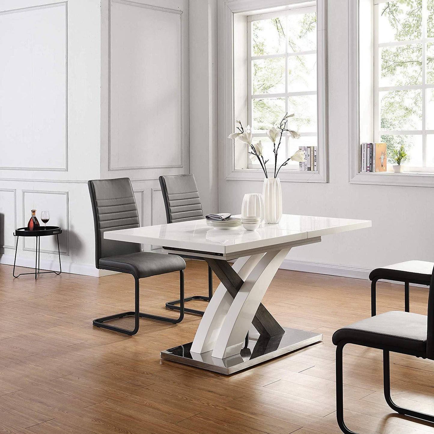 Table à manger extensible BASEL blanc brillant de 6 à 8 places avec base en acier inoxydable