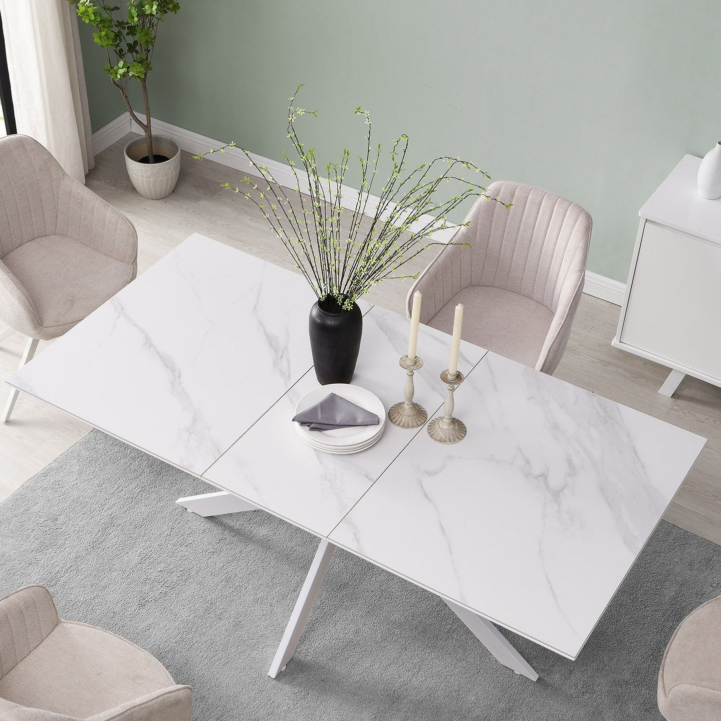 Table à manger extensible en céramique blanche Varden