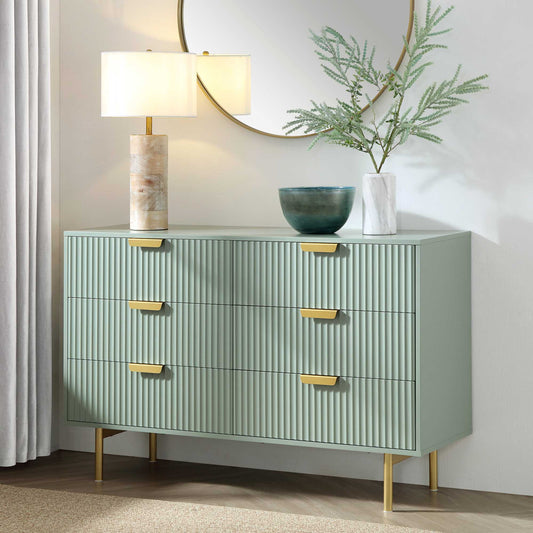 Commode large Richmond striée à 6 tiroirs, vert sauge mat