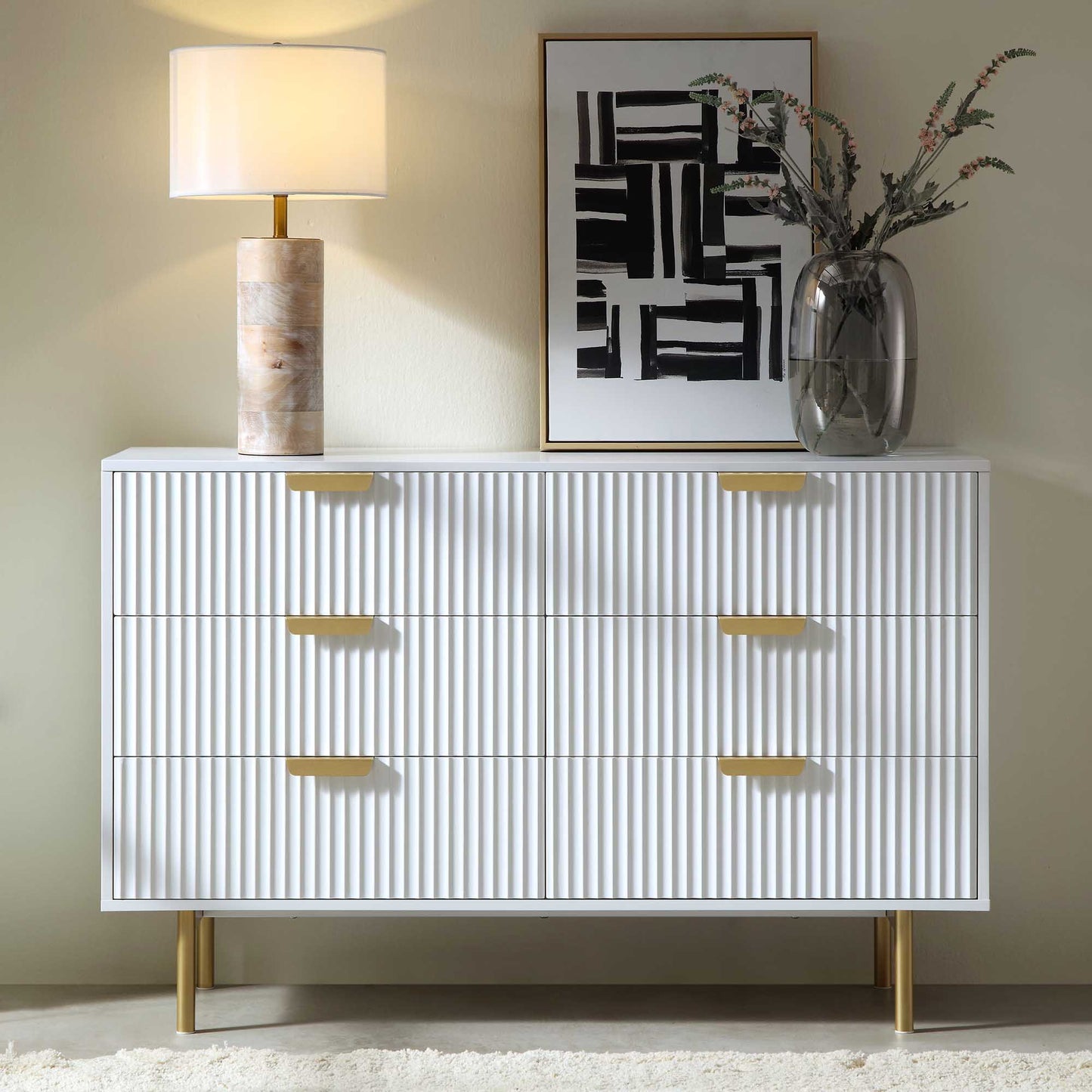 Commode large Richmond Ridged à 6 tiroirs, blanc mat