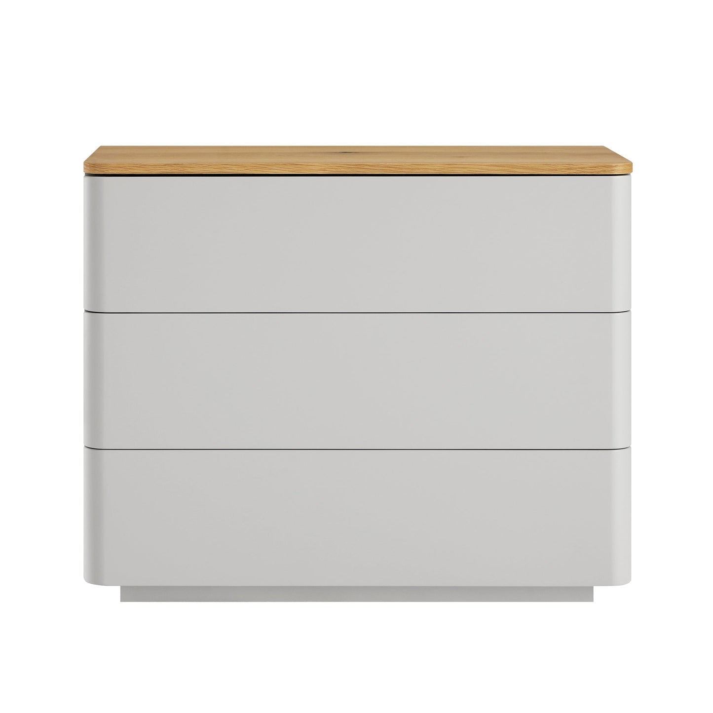 Commode 3 tiroirs à bords incurvés Agnes, gris tourterelle avec plateau en chêne