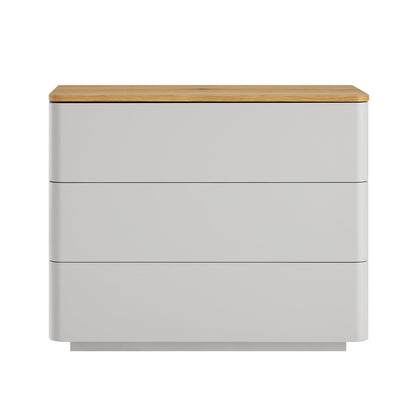 Commode 3 tiroirs à bords incurvés Agnes, gris tourterelle avec plateau en chêne