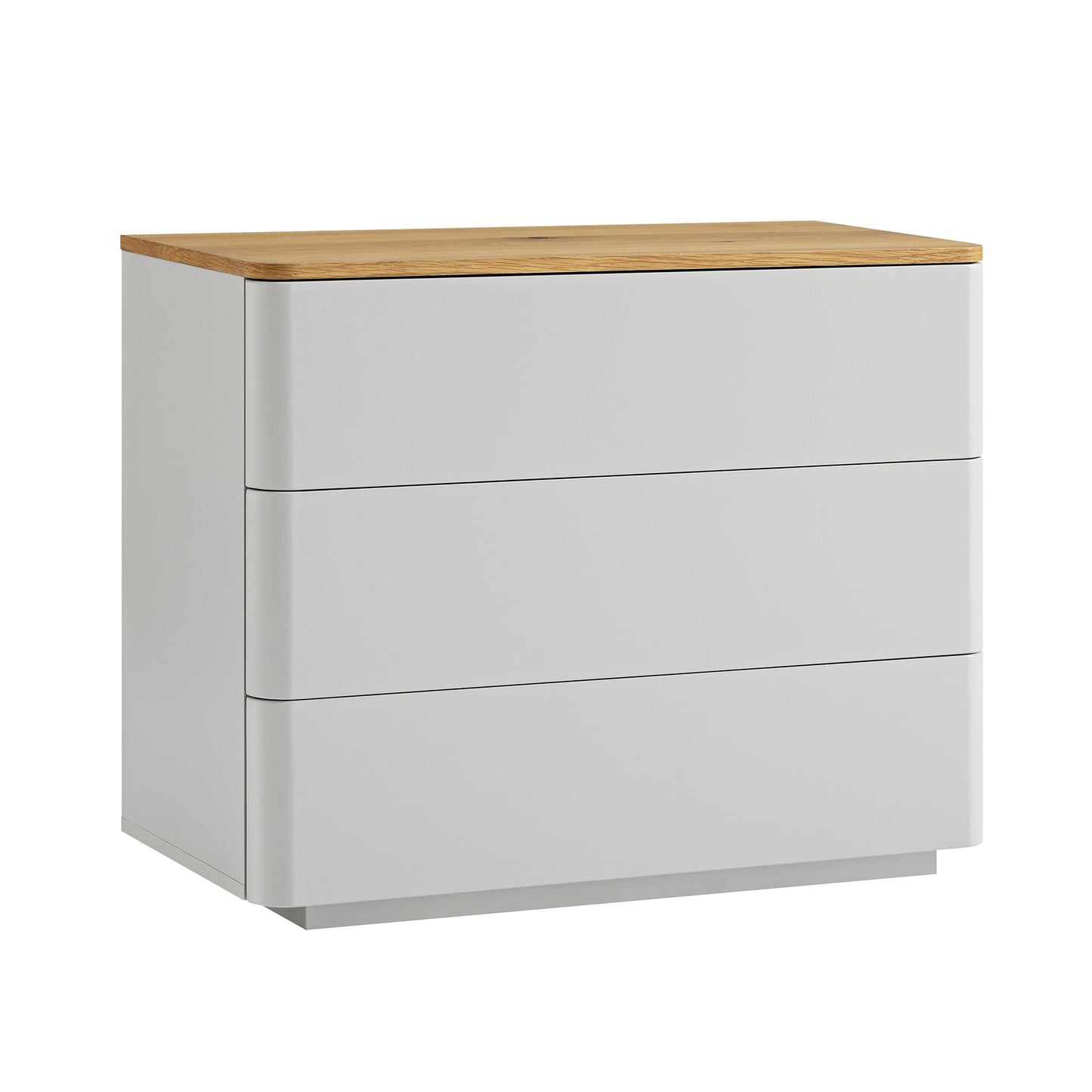 Commode 3 tiroirs à bords incurvés Agnes, gris tourterelle avec plateau en chêne