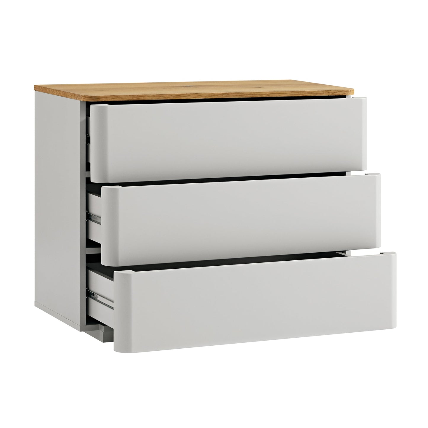 Commode 3 tiroirs à bords incurvés Agnes, gris tourterelle avec plateau en chêne
