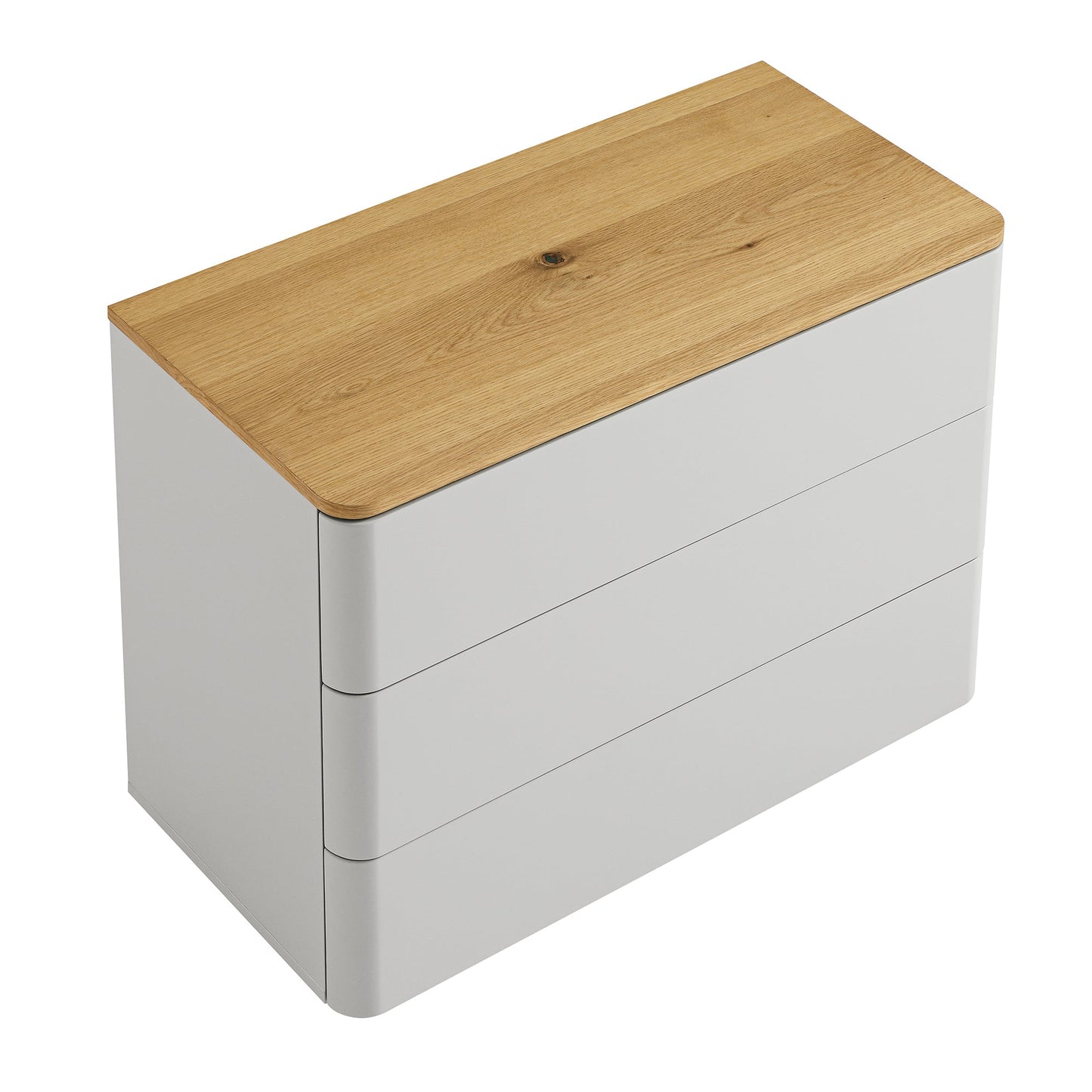 Commode 3 tiroirs à bords incurvés Agnes, gris tourterelle avec plateau en chêne