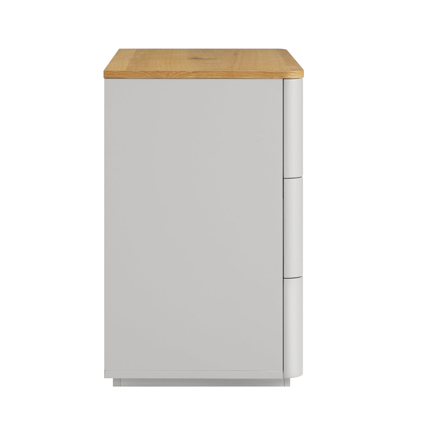 Commode 3 tiroirs à bords incurvés Agnes, gris tourterelle avec plateau en chêne