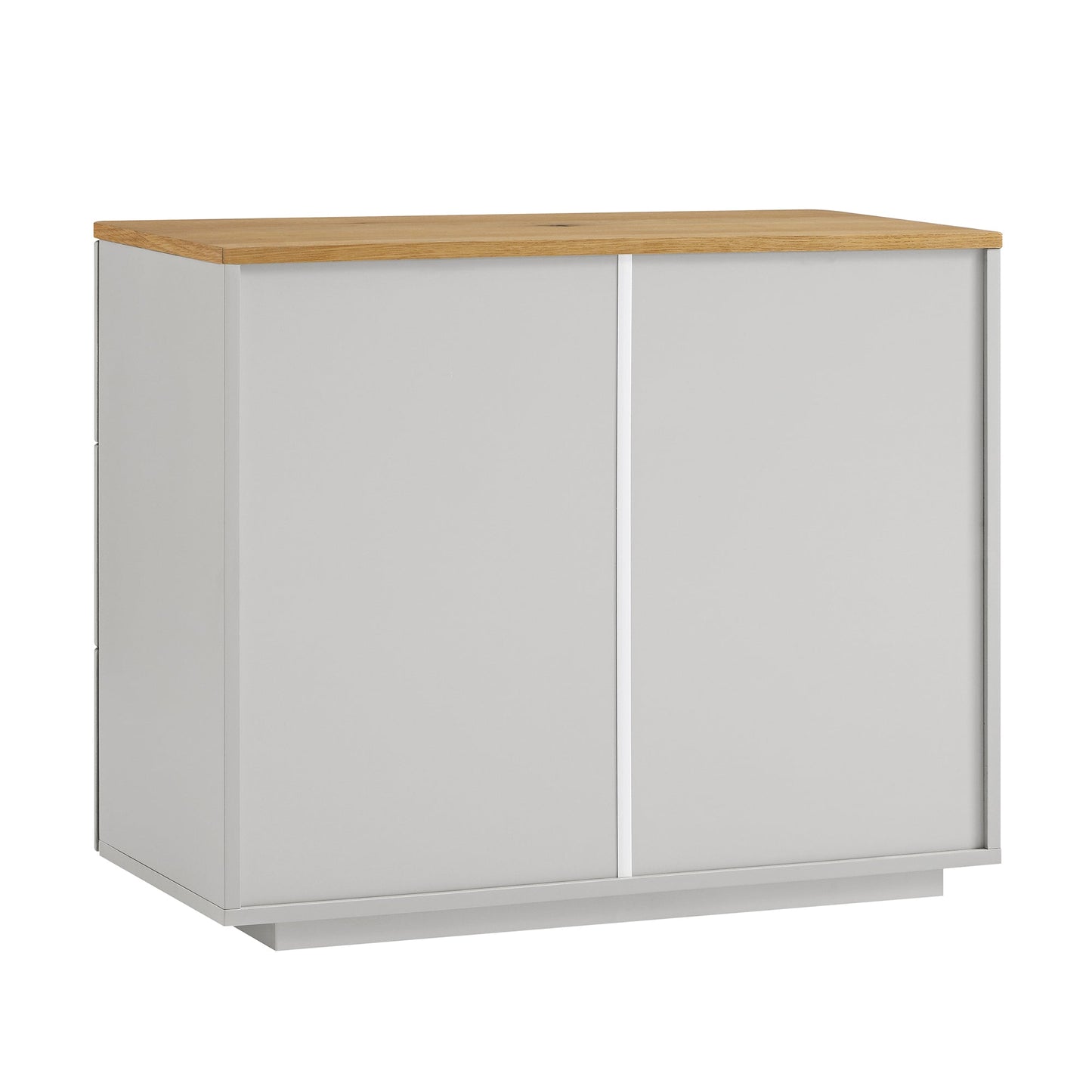 Commode 3 tiroirs à bords incurvés Agnes, gris tourterelle avec plateau en chêne