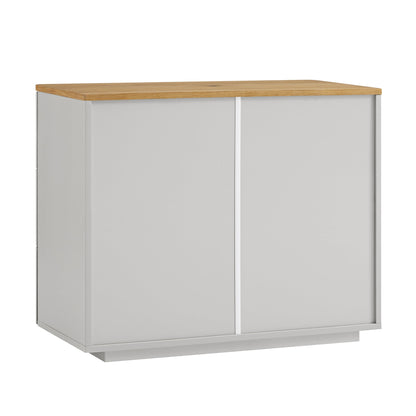 Commode 3 tiroirs à bords incurvés Agnes, gris tourterelle avec plateau en chêne